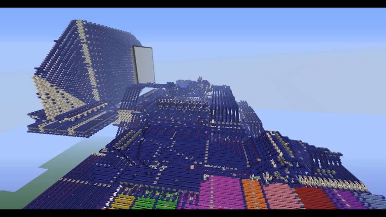 The redstone computer in Minecraft: a large structure of blue blocks and wiring, with coloured banks of circuitry in the foreground