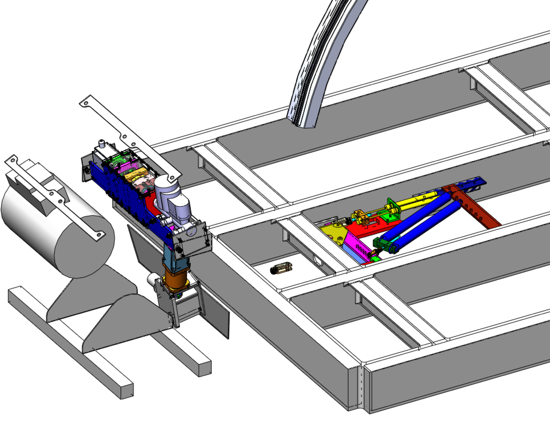 CAD view of the brake, steering and emergency-brake actuators mounted in the vehicle chassis
