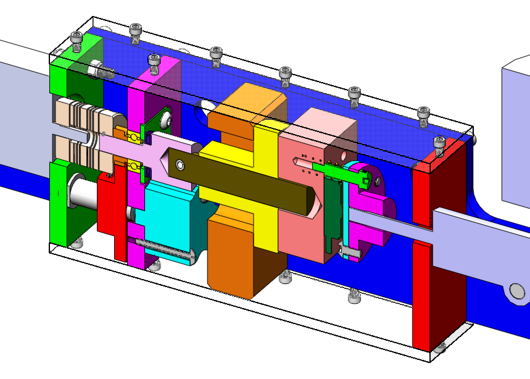 Cross section of the brake actuator, colour-coded by part: coupling, shaft, gear, ball screw, ball nut, sliding blocks and force sensor