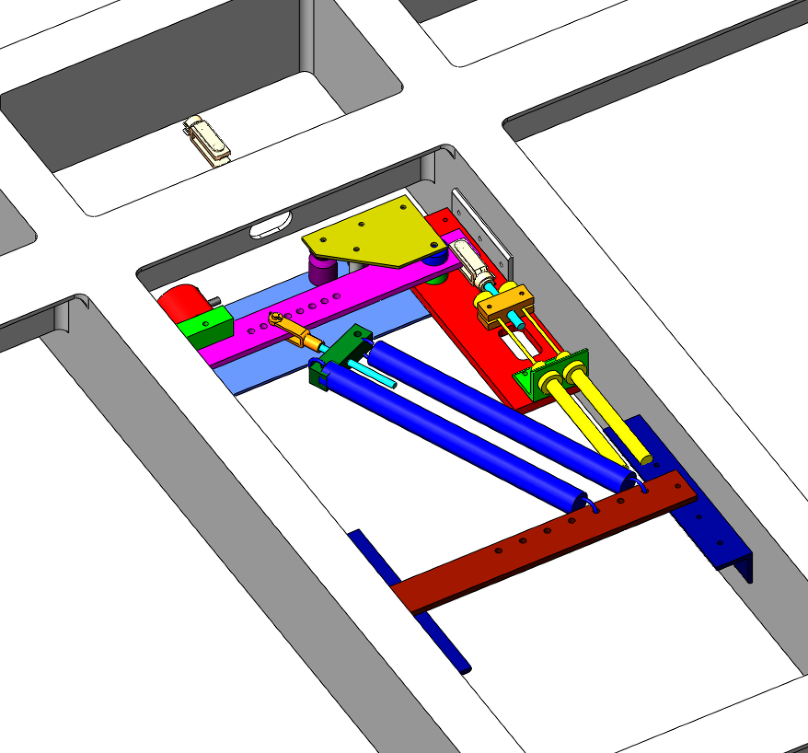 CAD of the emergency brake under the floor: electromagnet, spring-loaded arm, springs and brake cables