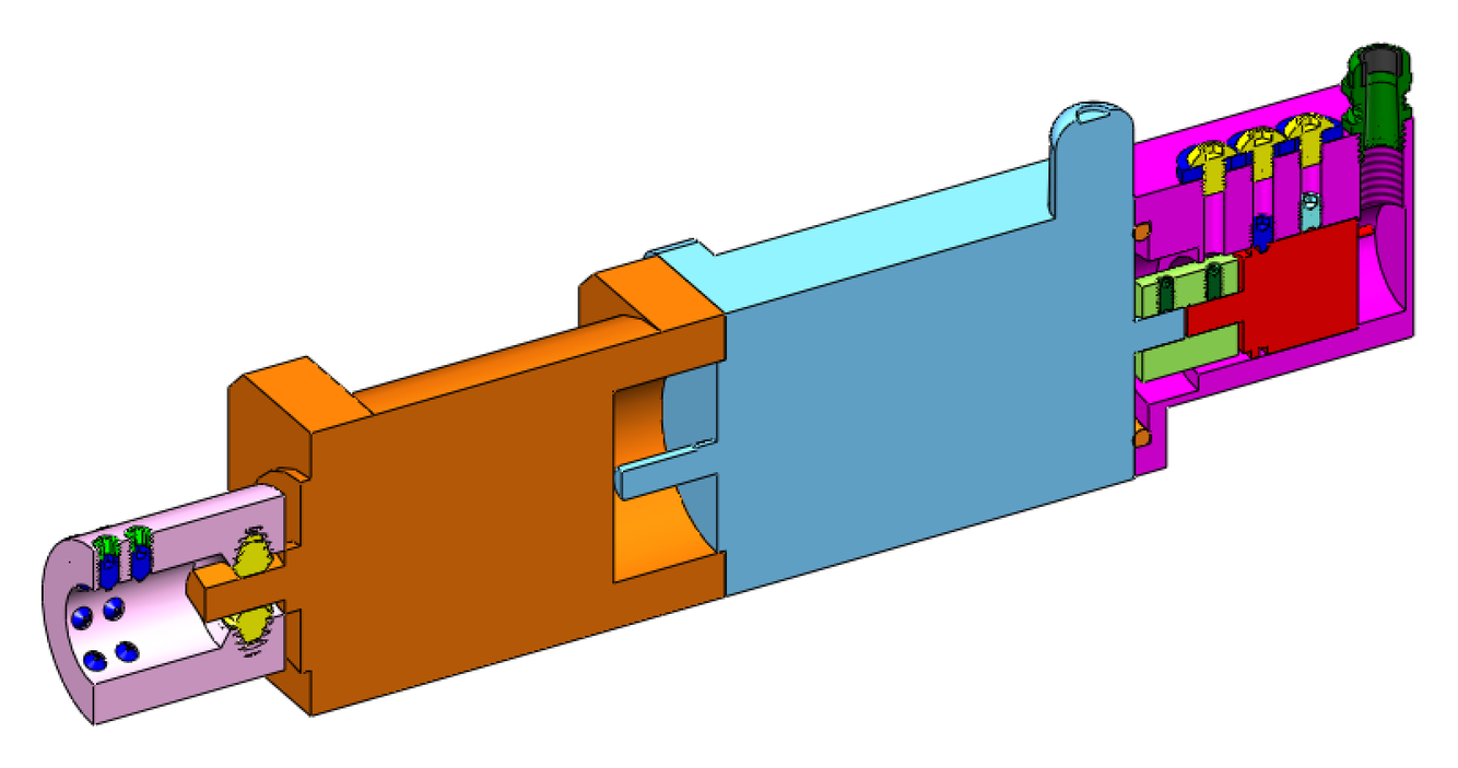 Cut-away CAD of the in-line steering actuator: coupler, planetary gearbox, stepper motor and potentiometer housing