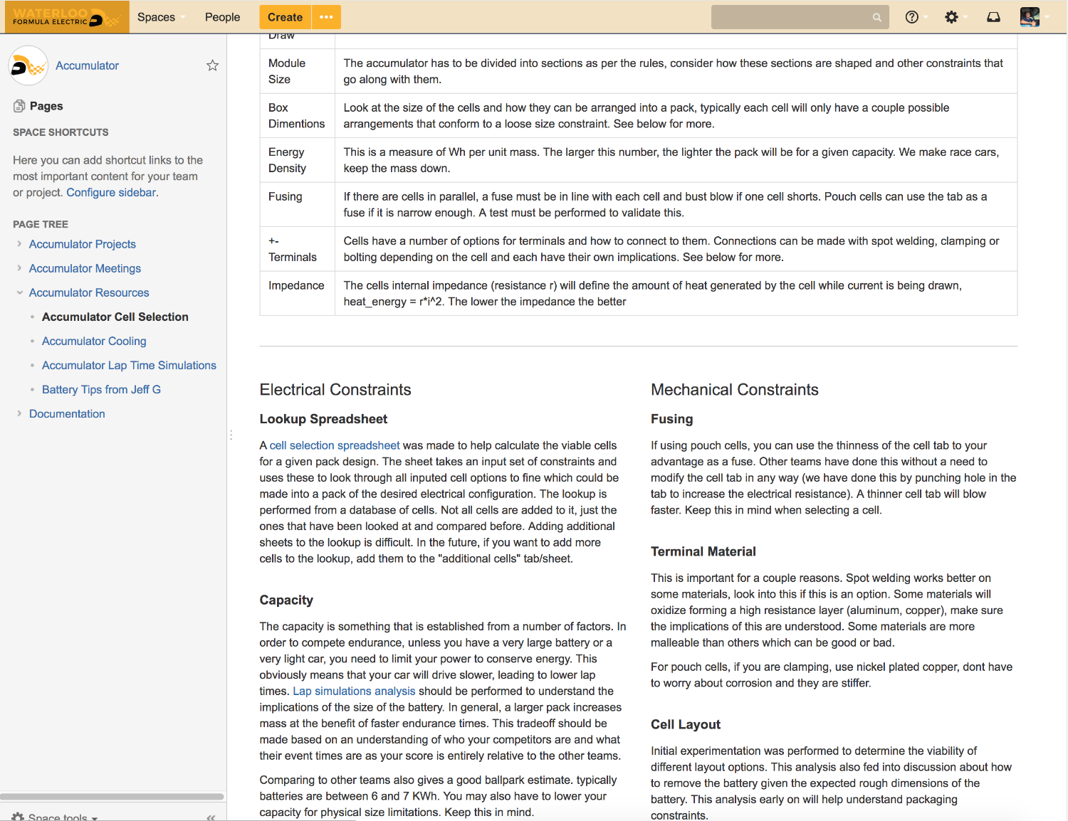 Screenshot of the team’s Confluence wiki: the accumulator space, open on its cell-selection page of design constraints