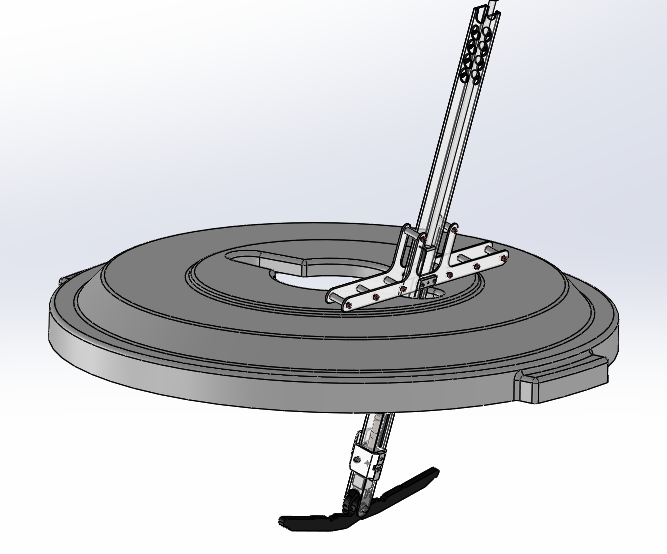 CAD of the bolt through the lid, wing resting on top and black barbs spread open underneath
