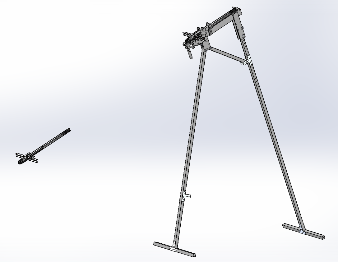 CAD of one crossbow on its tall tripod frame, with a bolt drawn separately on the left