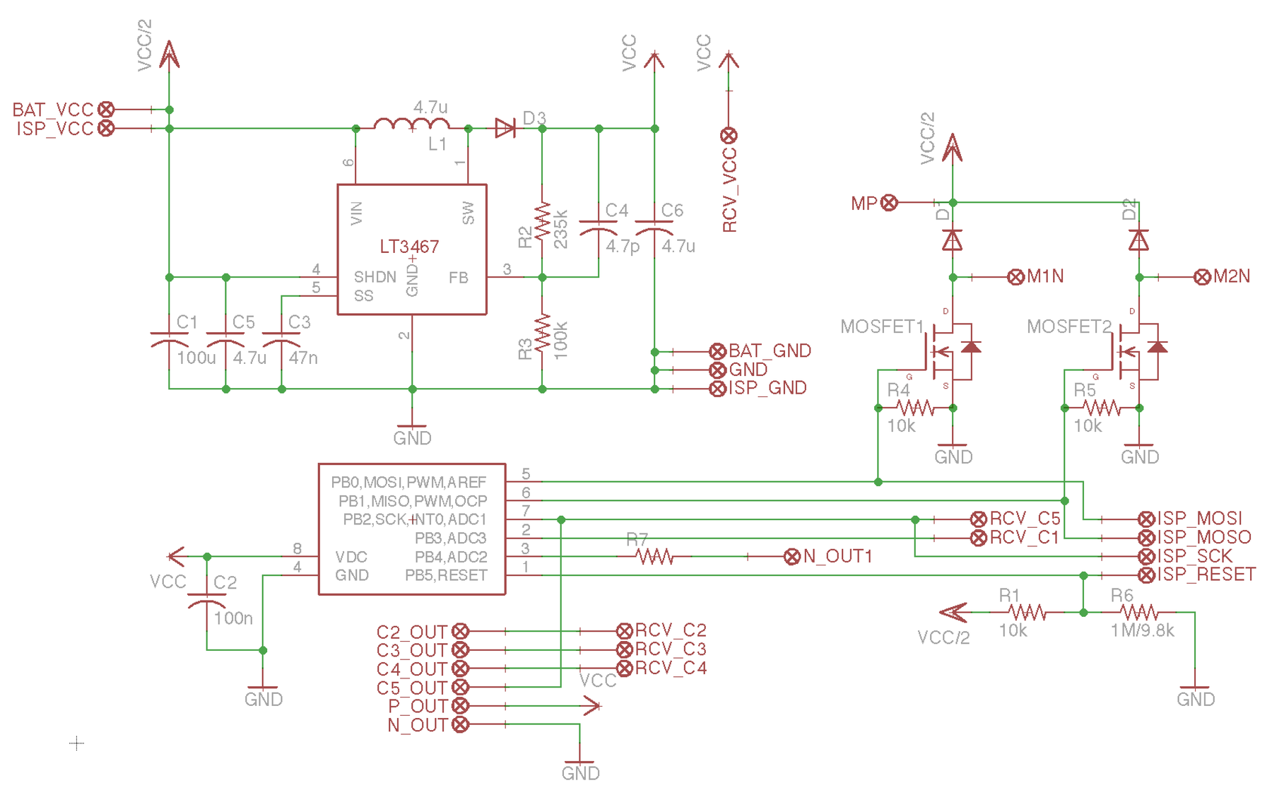 Schematic of the controller: LT3467 boost converter, two MOSFET motor outputs, the ATtiny85 and the receiver channel breakouts