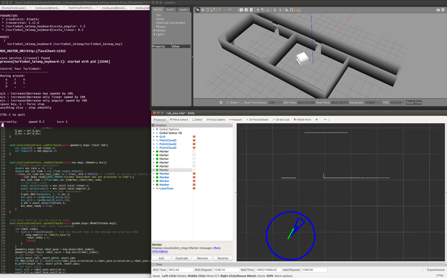 Screenshot of the simulation: a teleop terminal and C++ code on the left, the walled Gazebo world top right, and RViz bottom right showing lidar returns and a blue EKF error ellipse and heading arc