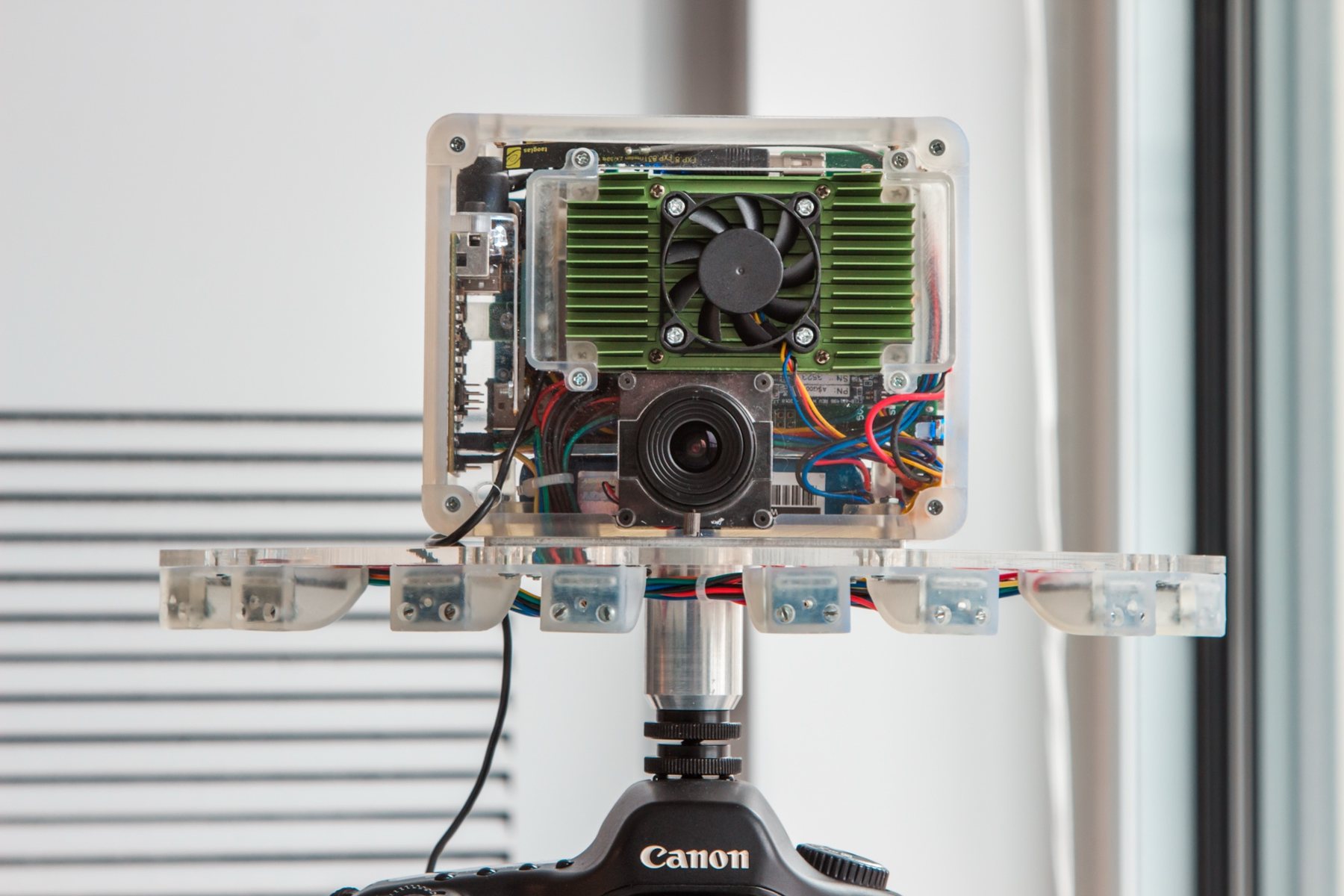 Prototype microphone array and camera mounted on a DSLR