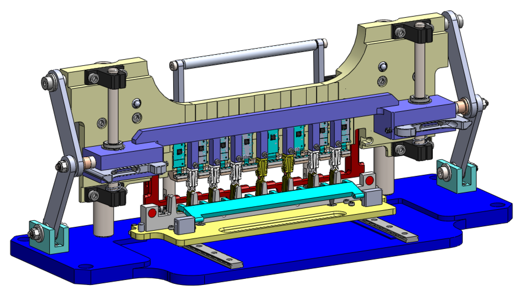 CAD of the overmoulding jig: a frame on swing links holding eight PCB stations above a sliding tray on the base plate