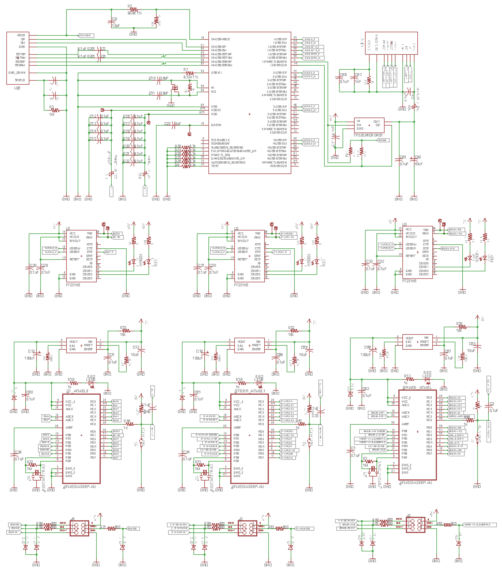 Schematic sheet: a four-port USB hub at the top, three USB-to-serial chips in the middle, and three ATmega328P microcontrollers with current-limited supplies and programming headers at the bottom