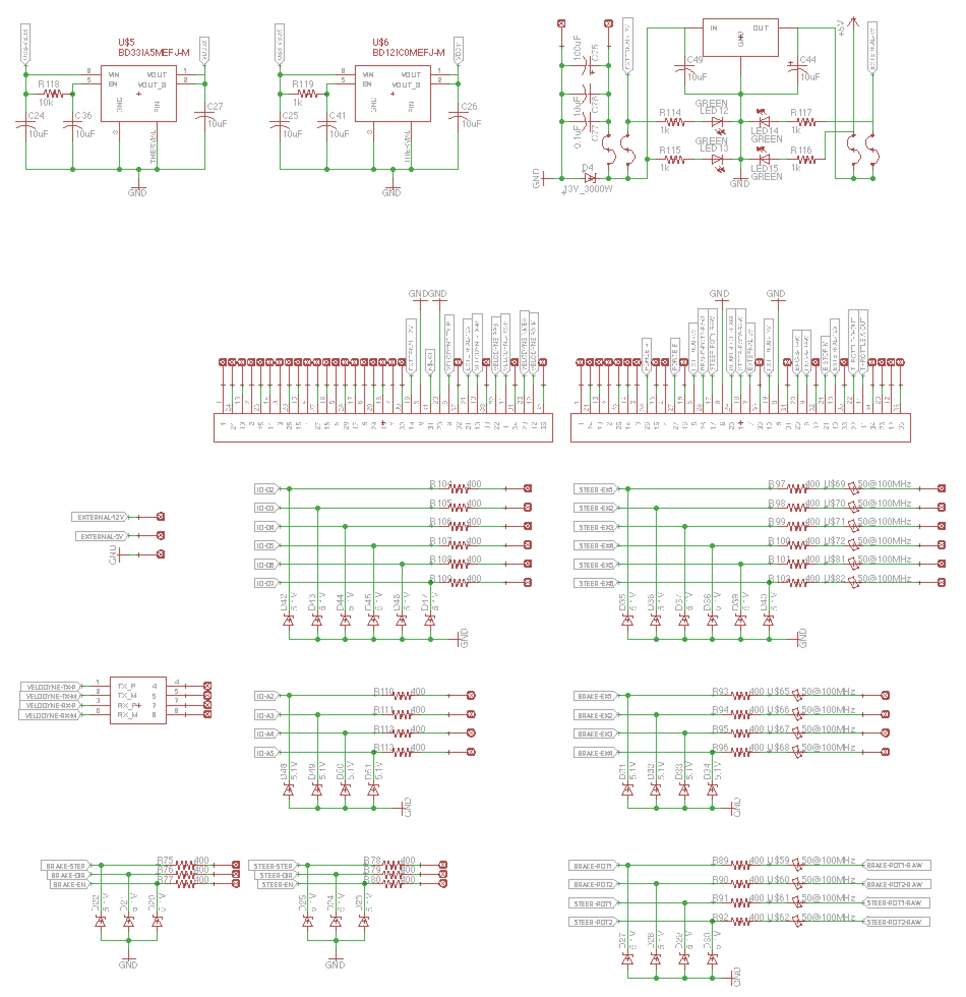 Schematic sheet: voltage regulators along the top, pin maps of the two large connectors in the middle, and rows of I/O lines each with a series resistor and a clamp diode, some with ferrite beads