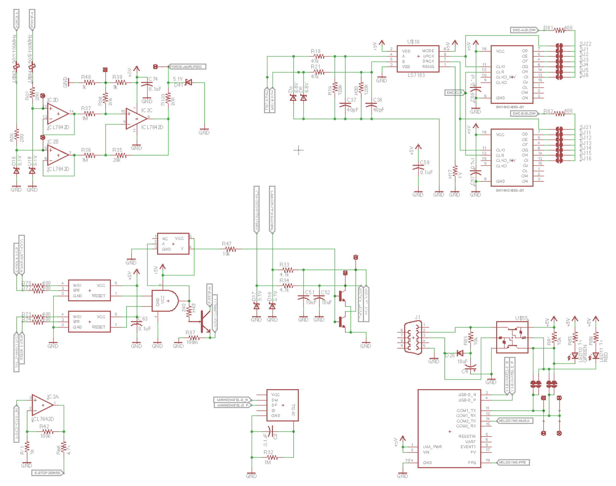 Schematic sheet: force-sensor amplifier, encoder down-sampling circuit, watchdog chips and magnet driver, throttle-grounding transistors, and the GPS module with its Velodyne PPS line