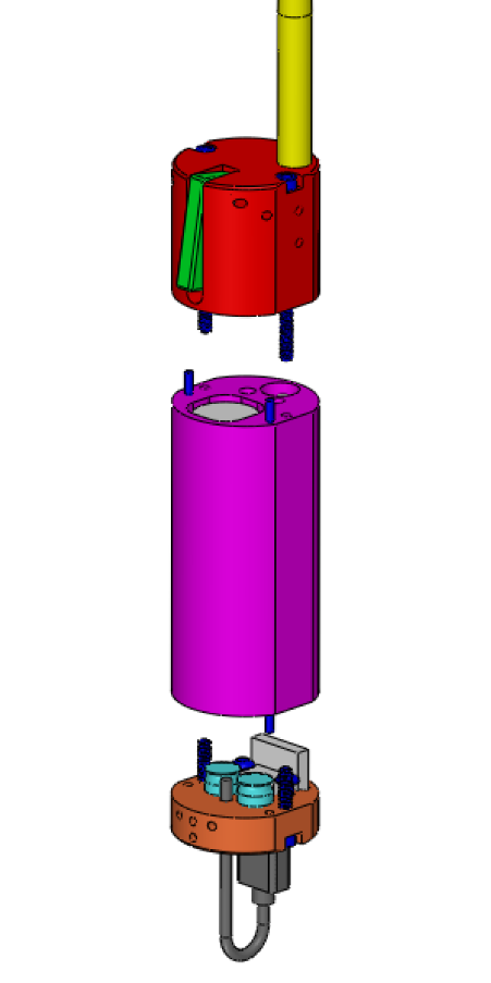 Exploded CAD of the e-stop enclosure: a red top cap with a green trigger lever and yellow antenna, a magenta body tube, and an orange bottom cap